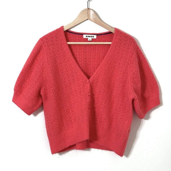 Boden Cropped Wool Mohair Coral Pink Cardigan Knit Sweater Short Sleeve - Picture 1 of 11